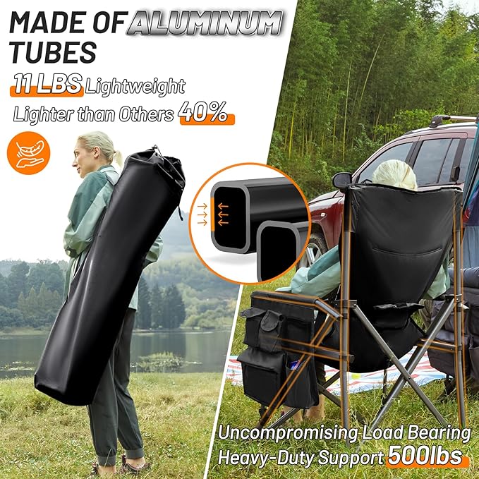 TIMBER RIDGE Oversized Folding Camping Chair with Lumbar Support Adjustable High Back Heavy Duty for Adults Aluminum Support up to 500lbs with Cup Holder, Cooler Bag, Side Pocket