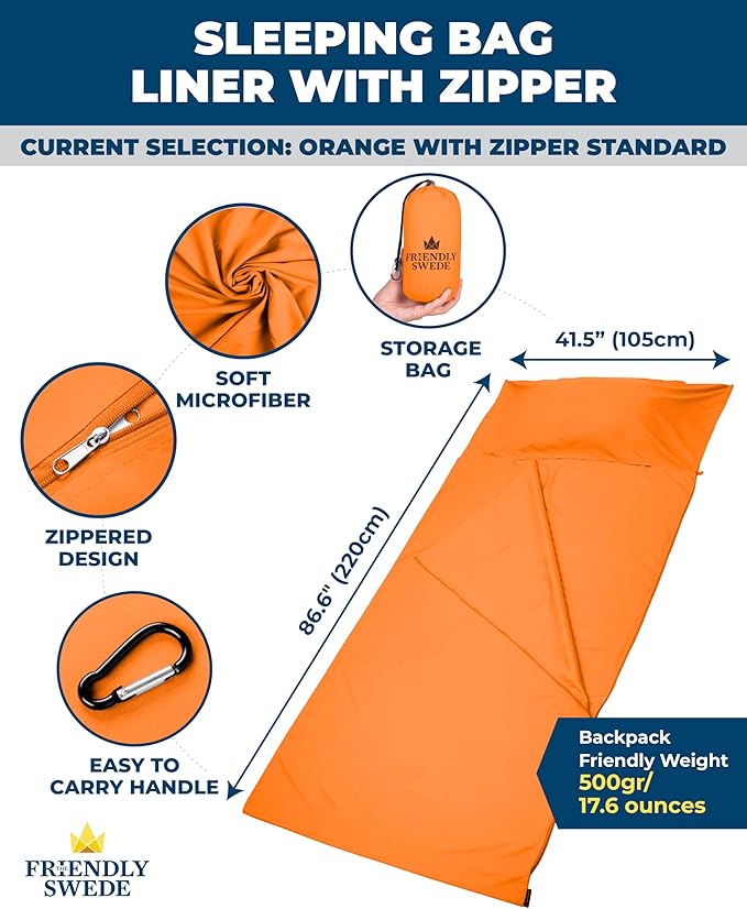 The Friendly Swede Sleeping Bag Liner — Ultralight Polyester or Cold Weather Microfiber Adult Sleep Sack- Camping Sheets - Travel Sleeping Bag with Pocket-Size Stuff Sack