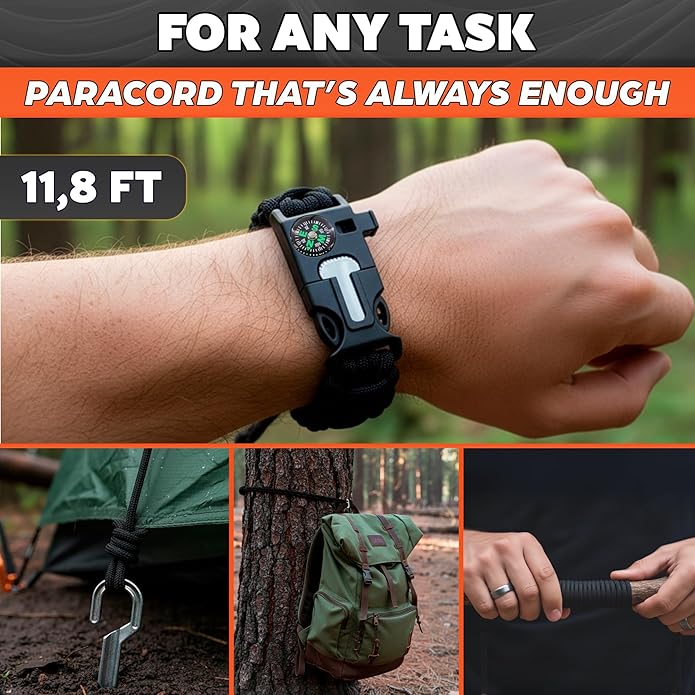 Paracord Bracelets for Men and Women – Adjustable Survival Paracord Bracelet with 10 ft Nylon Survival Cord, Flint Fire Starter, Compass, Whistle & Scraper – Gear for Camping, Hiking, Fishing & Travel