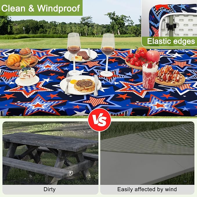 Picnic Table Cover with Bench Covers Portable Table Cloth Built-in Storage Pocket Fitted Tablecloth with Elastic Edges Waterproof Camping Essentials for Indoor Outdoor Rv,72in,Blue Red