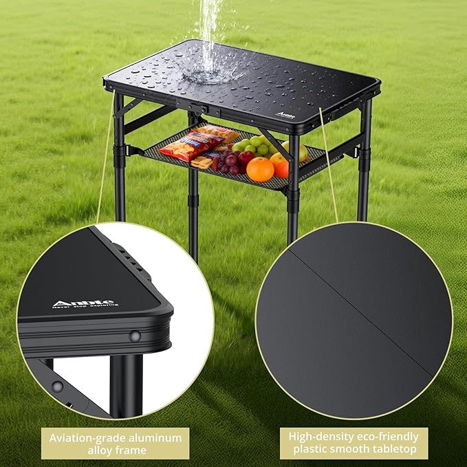 Anbte 2ft Small Folding Camping Table, Waterproof Flat Plastic Tabletop 3 Adjustable Height Portable Camping Table with Storage Net, for Picnic Indoor Outdoor Travel Beach, 22.8" X 15.7", Pure Black