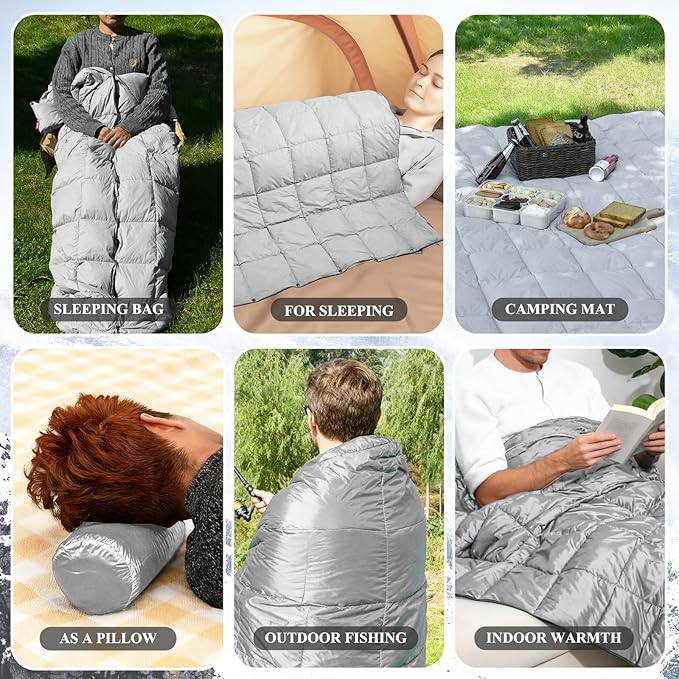 MOOX Down Camping Blanket - Packable Down Camping Quilt Backpacking Lightweight Waterproof Outdoor Hiking Stadium Warm Puffy Sleeping Bag 55"x79" Water Resistant Camp Travel Blanket, Gray Blue