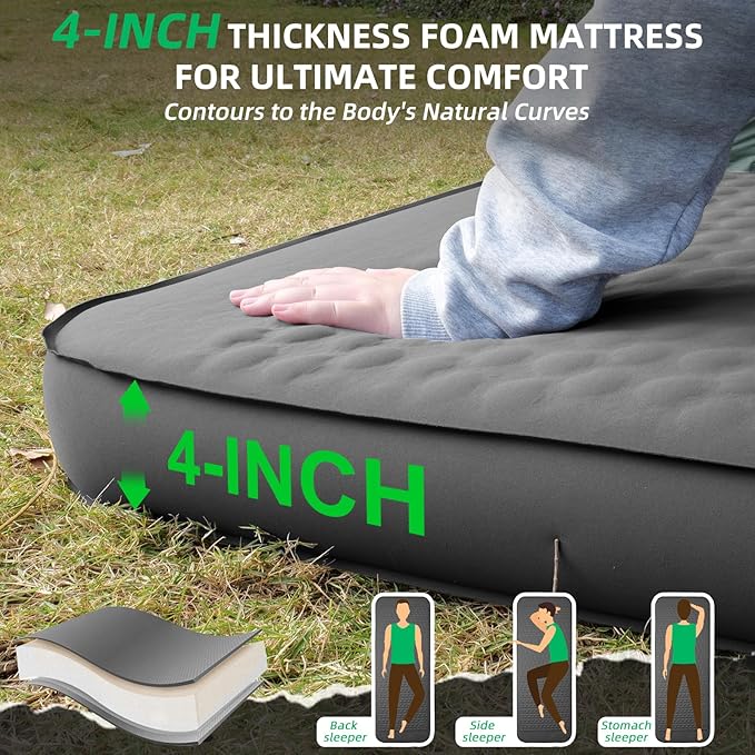 Self Inflating Sleeping Pad with Electric Pump, 3.15" Ultra-Thick Memory Foam Camping Sleeping Mat with Pillow, 9.5 R-Value Insulated Camping Pad Mattress for Travel Car Tent (Grey-4Inches)
