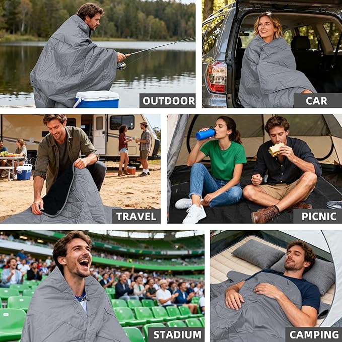 Large Outdoor Waterproof Blanket Extra Thick Fleece Stadium Blanket for Camping, Car, Pet, Picnics - Windproof, Wearable, Machine Washable 80" x 58" (Smoky Gray)
