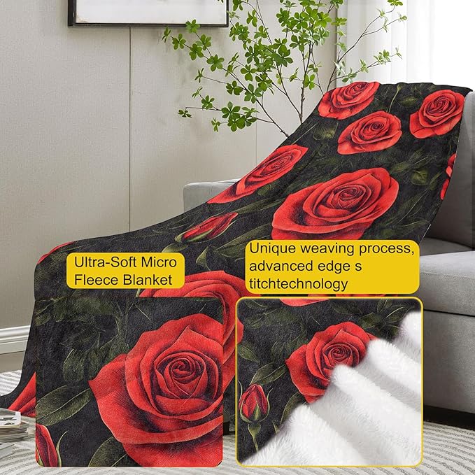 Red Roses Flannel Blanket, Floral Gifts, Floral-Themed Blanket for Women, Soft Lightweight Throw Blankets for Bed Home Travel Decor 50" x 60"