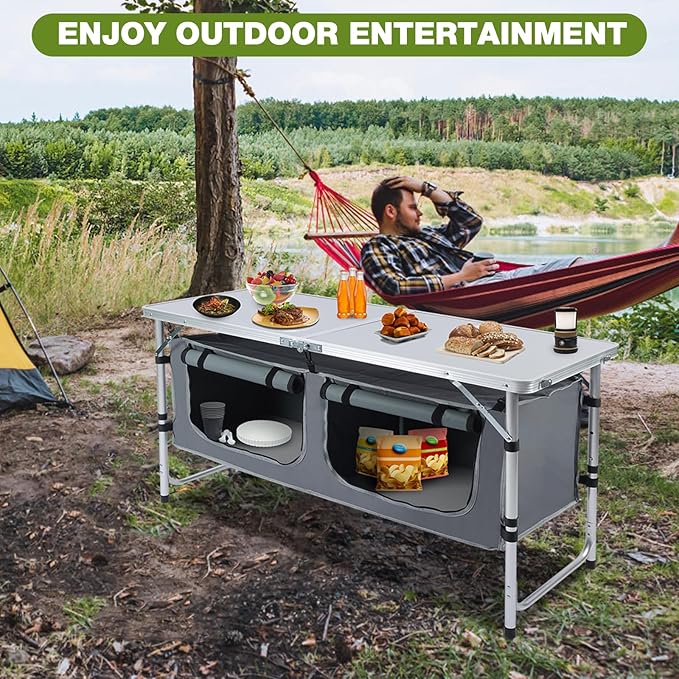 Outdoor Folding Camping Table with Storage Organizer, Portable Aluminum Composite Panel Lightweight Table, 3 Adjustable Height, for Indoor, BBQ, Party, Picnic, Hiking, Beach | Outdoor, Storage Organizer, Portable, Lightweight Table, Indoor, BBQ