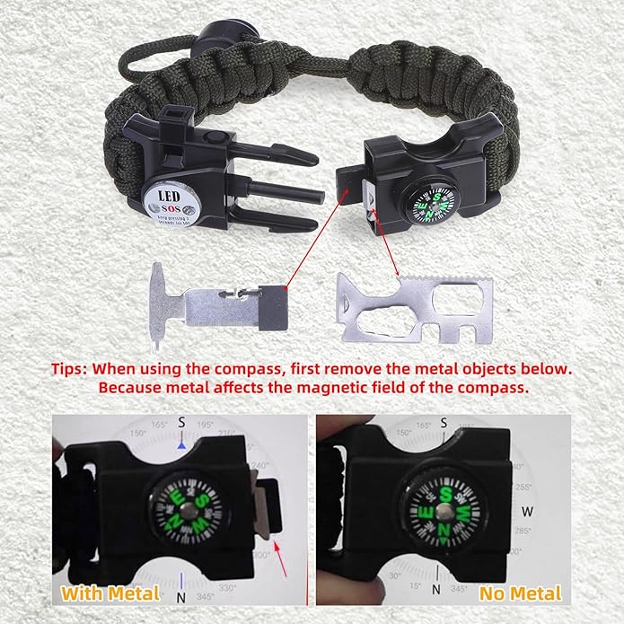 Survival Bracelets, Paracord Bracelets (2 pcs) with Loud Whistle Light Flint, Adjustable Compass Bracelet for Outdoor Camping Hiking Fishing Hunting, Multitools Tactical Gear, Bearable 300 lb