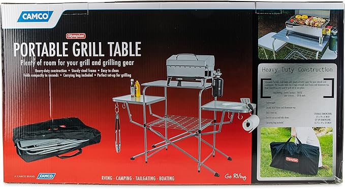 Camco Olympian Deluxe Portable Grill Table - Provides Plenty of Room for Grilling Gear While Camping - Folding Grilling Table Collapses for Compact Storage - Supports Up to 100lb (57293)