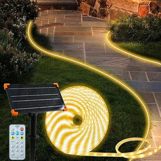50Ft Solar LED Strip Lights Outdoor, 540 LED Long Strip Lights IP68 Fully Waterproof Acrylic Tape with Remote Self-adhesive, Cuttable Auto ON/OFF Rope Lights for Patio Pool Camping Decor (Warm White)