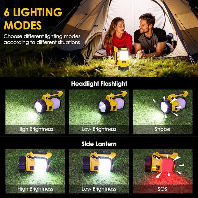 BOBKID Tripod Rechargeable Camping Lantern, 6 Modes LED Flashlight Handheld Spotlight with 4000LM, IPX4 Waterproof Searchlight Work Light for Emergency Hiking Survival Kit - Yellow