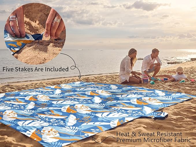 WEKAPO Beach Blanket Waterproof Sandproof Oversized, Extra Large Beach Mat Sand Free, Lightweight & Compact Sand Free Mat with 5 Stakes & 4 Corner Pockets