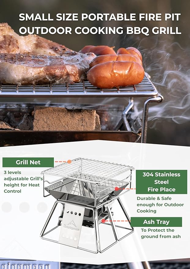 CAMPINGMOON X-MINI Small Size Portable Fire Pit, Mini Stainless Steel Tabletop Fire Pit Charcoal Grills for Camping, Solo Outdoor Cooking, Hiking BBQ Backpacking, with Carry Bag 7.5 inch