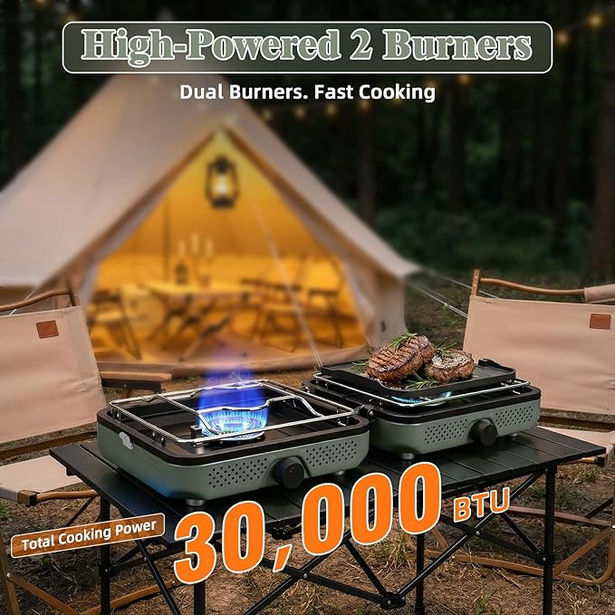 Hisencn 2 Burner Propane Camping Stove, 30000 BTU Foldable Portable Gas Stove with Cookware Set & Carry Bag, Outdoor Cooking for Camping, RV, Emergency Use, Green