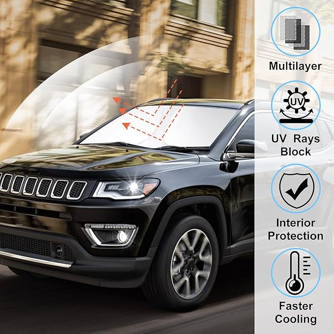 Windshield Sun Shade Custom Fit 2017-2022 2023 2024 2025 Jeep Compass Accessories Foldable Sunshade Sun Blocker Front Window Shades Covers Keep Car Cooler