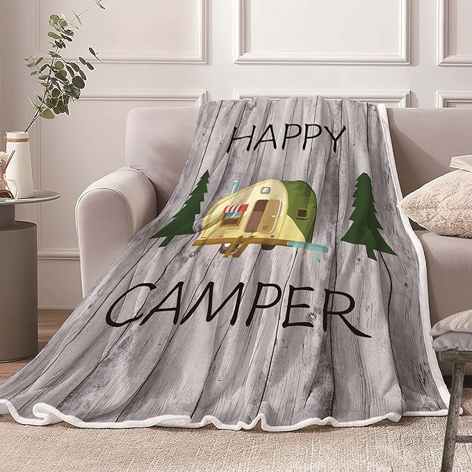 Camping Throw Blanket, Camping Gifts for Camper Outdoor Travel Trailer Blanket, Super Soft Comfy Fleece Flannel Throws Blankets for Couch Bed Sofa Living Room Bedroom Decor Grey 60x80 Inch