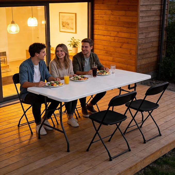 Folding Table 72" x 30" - Heavy Duty Plastic Table with Handle, Foldable & Portable, Fold-in-Half Utility Tables for Outdoor, Dining, Wedding, Events, Indoor, Picnic, Camping, Party (White)
