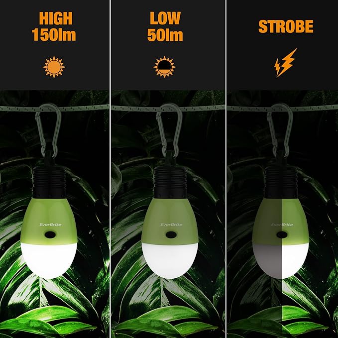 EverBrite Rechargeable Camping Light,Portable Tent Lantern,3 Lighting Modes, Hanging Tent Light Bulbs with Clip Hook for Hiking, Fishing, Backpacking, Emergency and More-Green