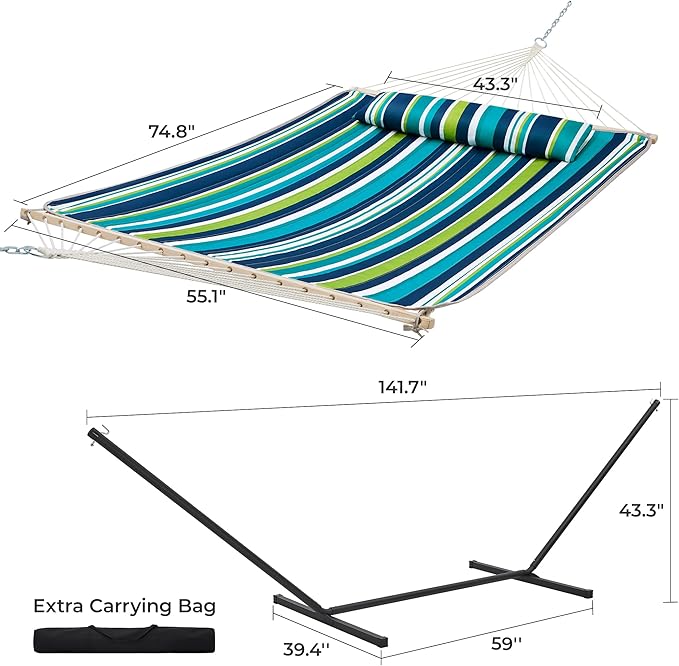 SUPERJARE 12ft Double Hammock with Stand, Rope Hammock for 2 Person, Detachable Hammock Bed and Pillow, Portable, Anti-Tip Safety Ropes, Carry Bag, Outdoor Backyard Patio Camping, Dark Cyan