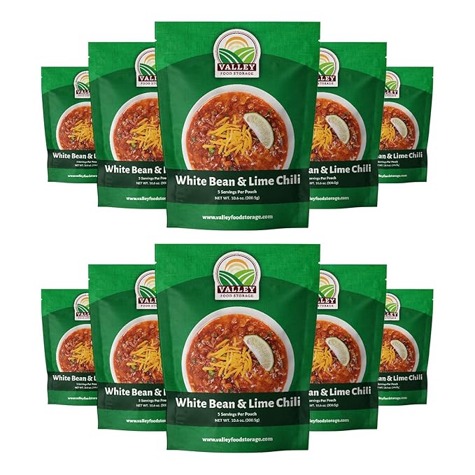 Valley Food Storage White Bean & Lime Chili | 10-Bag Bucket, 50 Servings | Premium Emergency Food Supply, 25 Year Shelf Life | Survival Meal Kits, Prepper Food & Off-Grid Living Supplies, Packaged in USA
