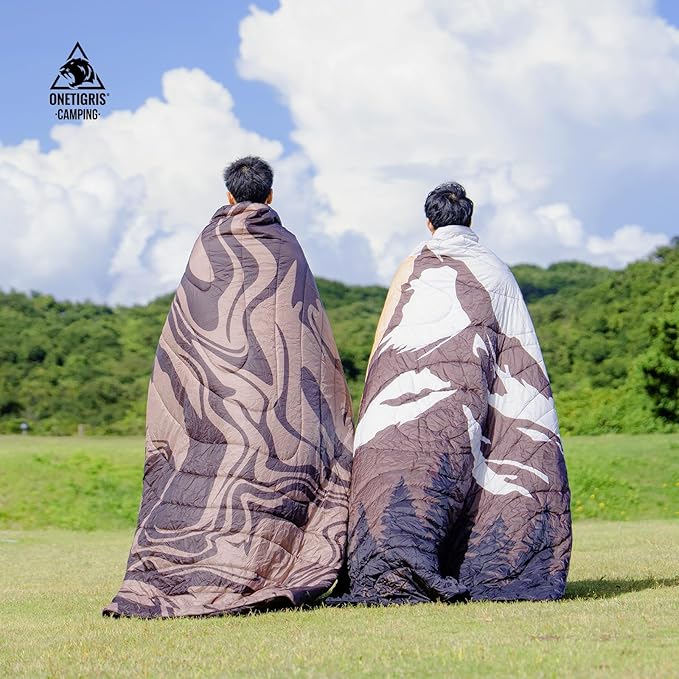 ONETIGRIS Ultralight Camping Blanket, Packable Puffy Quilt Puffy Printed Camping Blanket with Snap Buttons & Corner Loops for Backpacking, Hiking & Travel