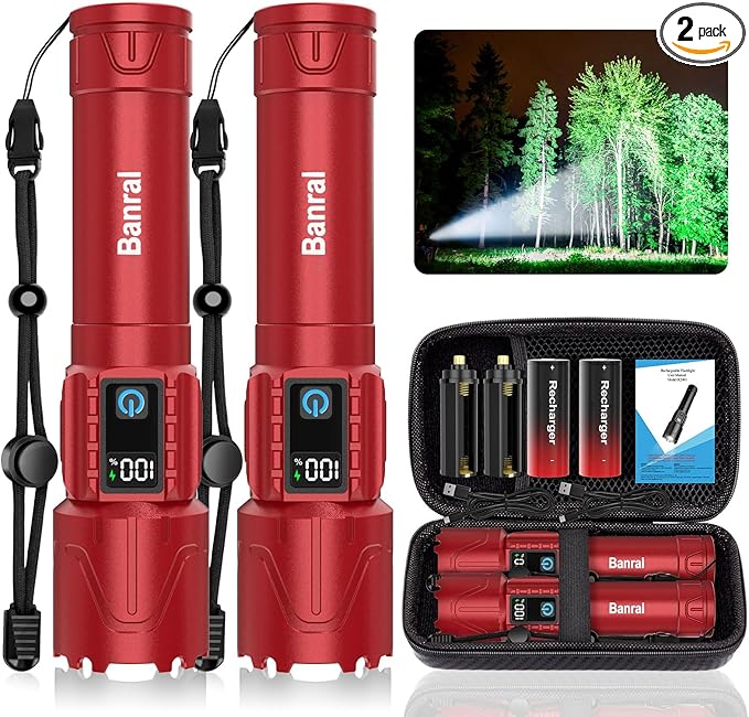 Rechargeable Tactical Flashlights 2000 High Lumens - 5000mAh Super Bright LED Powerful Flash Light, Waterproof Handheld USB C Flashlight for Home,Car,Camping,Emergencies,5 Modes,Zoomable (2, Red)