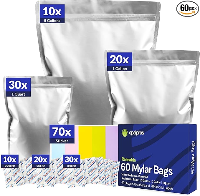 60-Pack 14 Mil Mylar Bags with Oxygen Absorbers, Gusseted 5 Gallon(10), 1 Gallon(20) & 1 Quart(30) Bags with 2500cc, 500cc & 300cc OA - Resealable Mylar Bags for Food Storage with Colourful labels