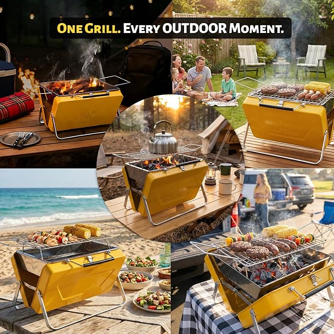 Ranger Portable Charcoal Grill – Compact Lunchbox‑Style Folding BBQ for Camping & Beach| Dual‑Zone Heating, Stainless Steel Body, 3-sec Setup, Includes Tong & Cleaning Brush, Serve 2-3 people
