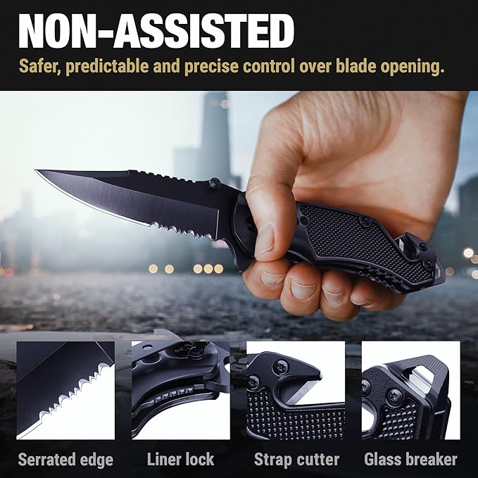GOOD WORKER Legal Pocket Knife with 2.95” Serrated Blade, Glass Breaker, Seat Belt Cutter - EDC Sharp Folding Knives with Portable Clip - Small Tool for Tactical Camping Survival Hiking - Gifts for Men, Women