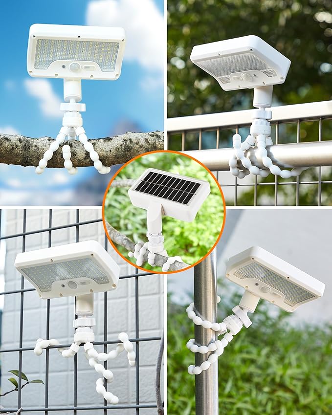 Motion Sensor Outdoor Lights with Flexible Octopus Tripod - 600LM Solar Sercurity Lights Waterproof, Dual Charging Solar Ourdoor Light for Camping,Fence, Patio (1Pack White)