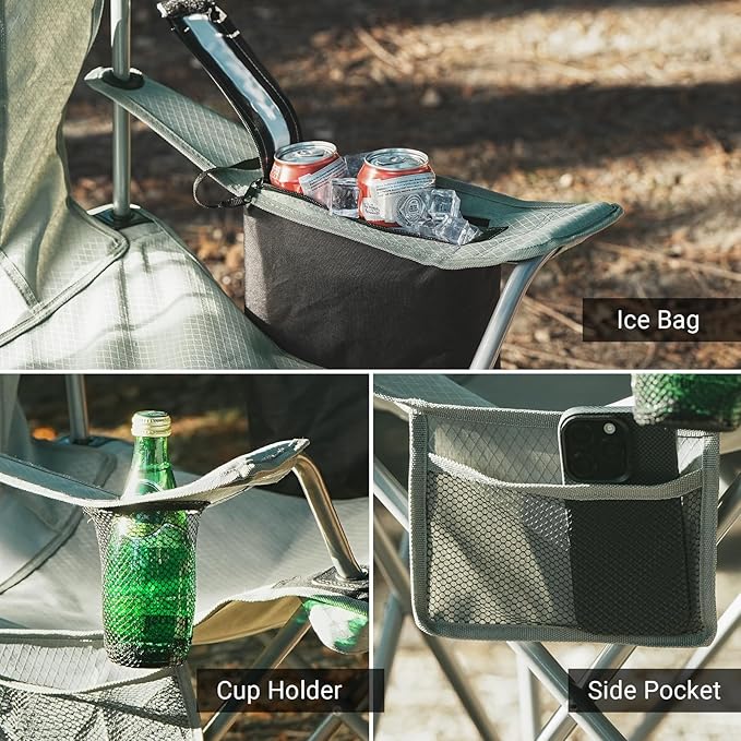 Camping Folding Chair Outdoor Lawn Portable Lightweight Camp Folding Chairs for Adult Outside with Cup Holder, Cooler Pouch & Side Pocket for Camping, Beach, Fishing, Sports or Tailgating Events, Grey