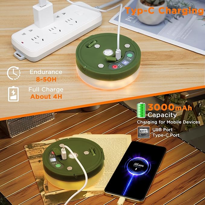 Retractable Camping String Lights, 33FT 3000 mAh Rechargeable 4 in 1 Tent Lights String with 9 Modes, Outdoor Portable Camper Lighting Waterproof, Camp Lamp for Party, Yard, Hiking Essentials
