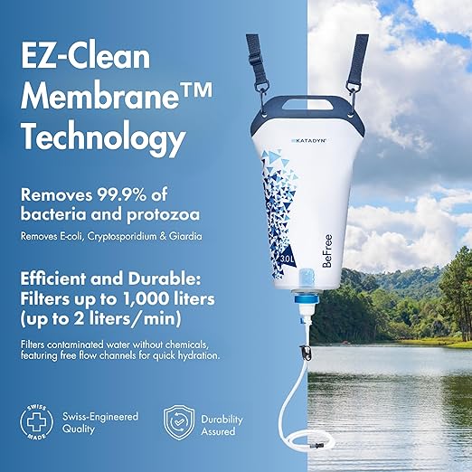 Katadyn Gravity BeFree 3.0L Water Filter, Fast Flow, 0.1 Micron EZ Clean Membrane Personal Small Group Camping, Backpacking Emergency Preparedness, Clear, 8020470