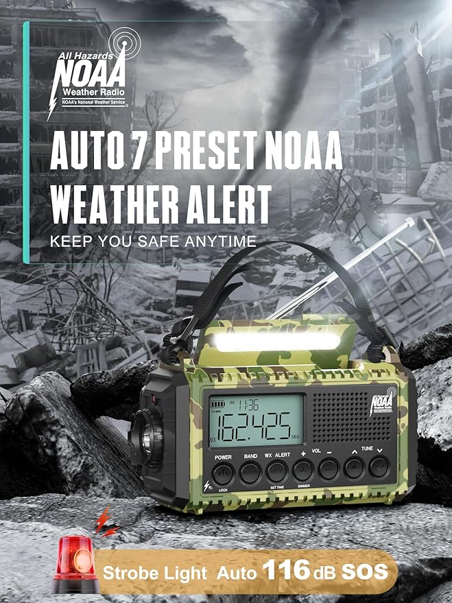 AUTO NOAA Emergency Weather Radio with Clear Signal, 2X Faster Hand Crank & 12000 Battery Operated, SW/AM/FM Portable Solar Radio with 6-Way Power, Flashlight, Phone Charger, SOS for Home, Outdoor