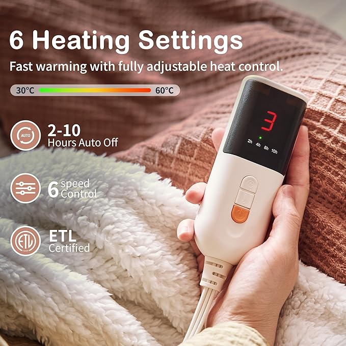 Texciting Heated Blanket Electric Blanket Throw 50''X60''-Heating Blanket with 6 Heat Settings-2-10 Hours Auto Off,ETL Certified,Machine Washable (Fog Rose)