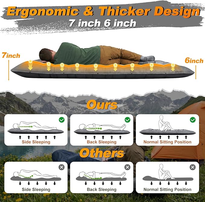 KASBAH Camping Sleeping Pad, 5.5 R-Value Thick 6 inch Camping Mat with Pillow Built-in Foot Pump Inflatable Sleeping Pads Compact for Camping Backpacking Hiking Traveling