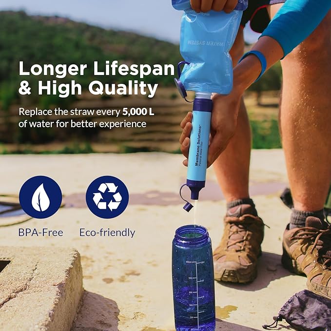 Membrane Solutions Squeezable Water Filtration System, Survival Water Purifier Kit, Portable Backpacking Gear Including Water Filter Straw and 23oz Collapsible Bottle for Hiking Camping Travel(7+6)