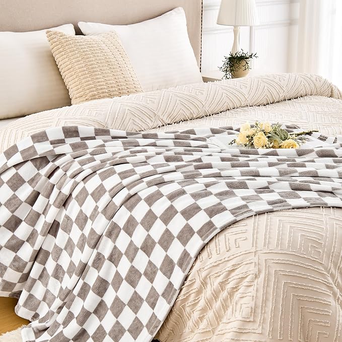 Edenleaf Light Grey Checkered Blanket, Ultra Soft Fluffy Fleece - Checkered Grid Print Throws for Couch Sofa Bed, Cozy Luxury Throw Blanket for All Seasons, 60x80 Inch, Cashmere Smoke