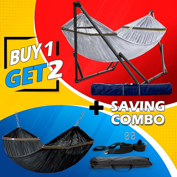 Tranquillo Combo x2 Hammocks with Stand for Outside & Tree Straps, Heavy Duty Hammock with Stand 600lbs for Indoor Outdoor Patio Backyard, x2 Hammocks for 2 Person (Combo - Grey, Medium)