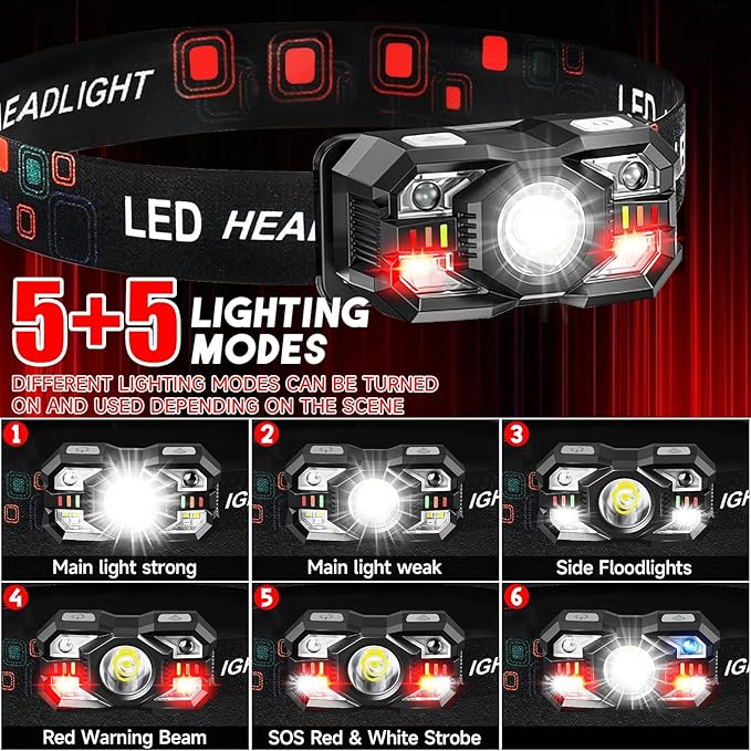 Headlamp Rechargeable 12Pack, 3000 Lumen Ultra-Light Bright Headlamp Flashlight with White Red Light, LED Headlight, 5+5 Mode for Outdoor Camping Fishing Running Hiking (12)