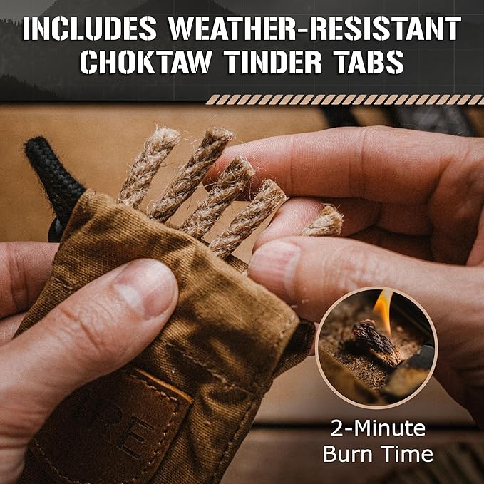 Mini Emergency Fire Starter Kit 4.5” x 2.5” x 1”, 2.5oz - Compact All-Weather Survival Fire Making Kit with Ferro Rod, Cerastrike Ceramic Scraper, Tinder Tabs & Canvas Storage Bag