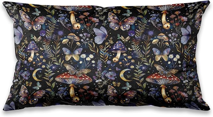 Mystical Dark Cottagecore Botanical Moth Mushroom Lumber Pillow Cover 12x20, Dark Academia Witchy Floral Butterfly Moon Night Decorative Throw Pillow Cover Cases for Home Bedroom Living Room