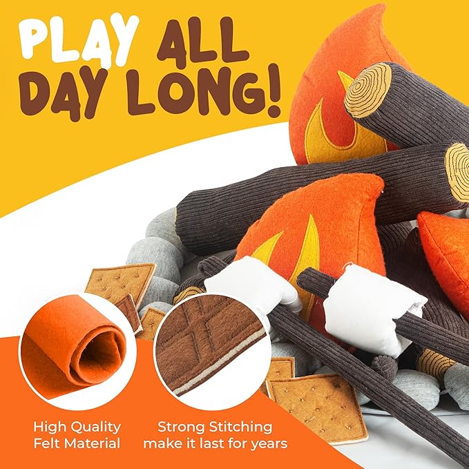 Pretend Campfire Set for Kids with S'Mores Kit & Wood Log Pillow - Soft, Safe & Durable Toy Campfire for Pretend Play & Sensory Play - Giftable Plush Felt Kids Campfire Playset for Ages 3+