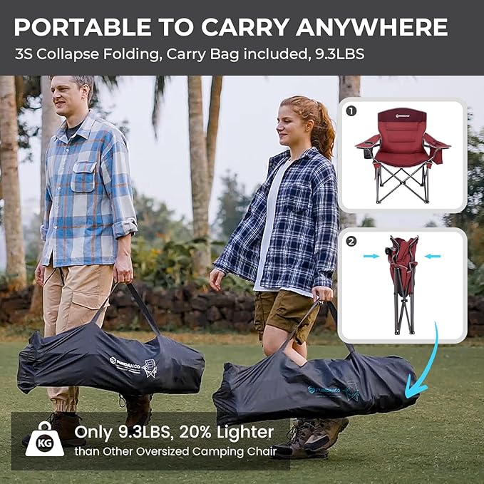 FUNDANGO Oversized Camping Chairs for Adults, Heavy Duty Fold Up Sports Games Lawn Chairs, Extra Wide Big Man Outdoor Chairs with Padded Lumbar Support Backrest, Bag Included for Camp, Beach, 2 Pack