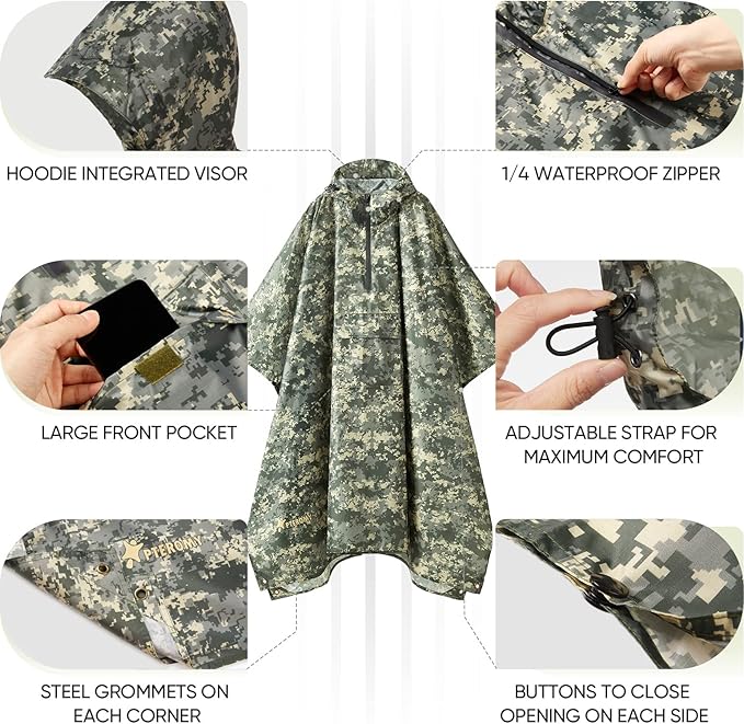 PTEROMY 3-in-1 Hooded Rain Poncho for Adult with Pocket, Waterproof Lightweight Unisex Raincoat for Hiking Camping Emergency