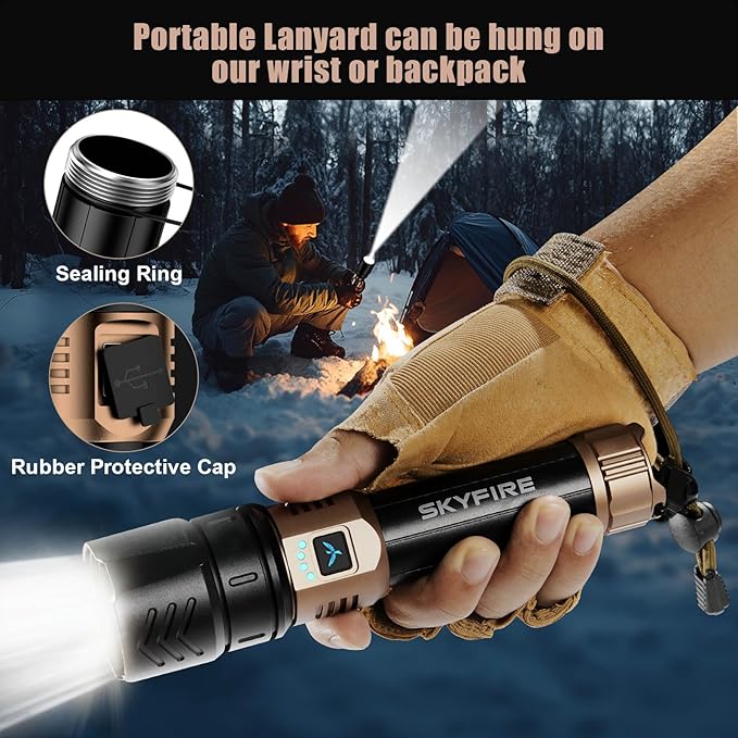 SKYFIRE LED Flashlights High Lumens with Ignition Lens,3000lm Super Bright Rechargeable Flashlight,Zoomable,4 Modes,Waterproof Tactical Flash Light for Camping Essentials,Outdoor and Home,Gift