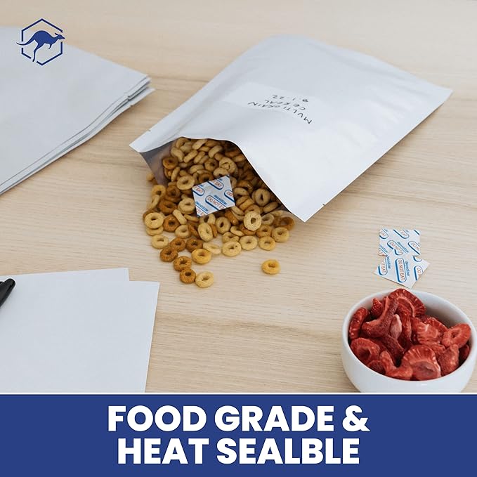 Wallaby 50 Count 2-Quart Mylar Bags with Labels, 10 Mil Total Thickness Long-Term Food Storage Pouches, 8x12 Heat-Sealable Airtight Packaging - Silver