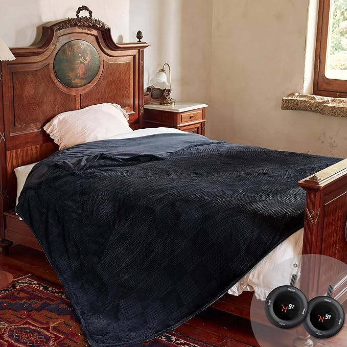 Texciting Electric Blanket Queen Size 84''X90'' - Heated Blanket with Dual Control Fast Heating 10 Heating Levels & 10 Hours Auto Off,ETL Certified Machine Washable (Black)