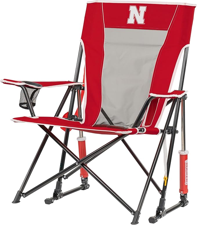 GCI Outdoor Comfort Pro Rocker Camping Chair | Portable Folding Rocking Chair with Durable Armrests & Drink Holder | Official Collegiate Licensed Sideline Sports Chair | Nebraska Cornhuskers