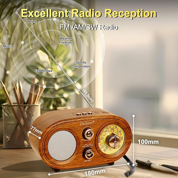 Oncheer Portable Retro Vintage Bluetooth Speaker Radio, FM/AM/SW 3 Band, Adjustable Antenna, Battery Powered, Support TF Card, USB Playing Music, Home Decor Gifts for Friends Family -Brown Color