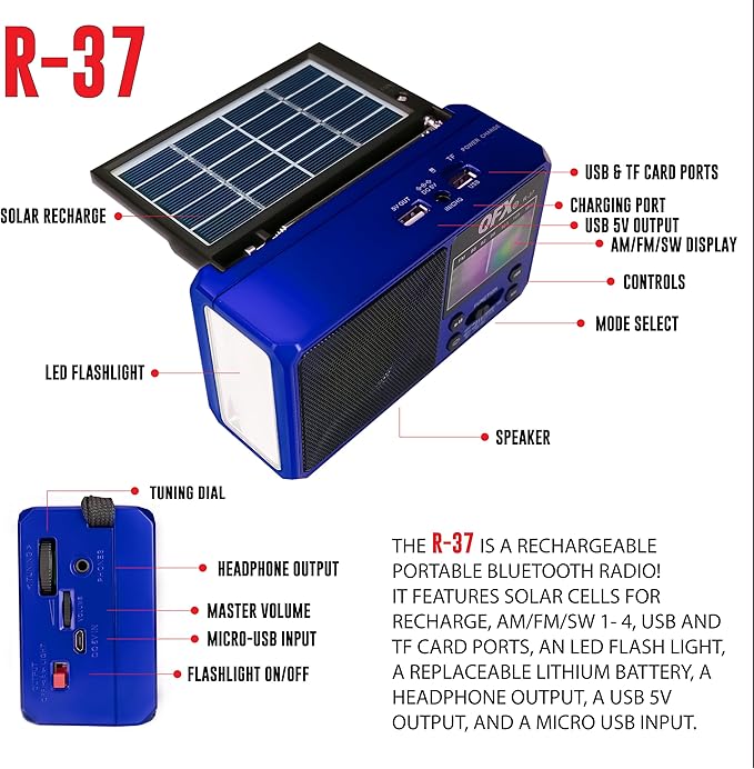 QFX R-37-BL 6-Band (AM, FM, SW1 - SW4) Bluetooth LED Flashlight Solar Radio (2021 Model)
